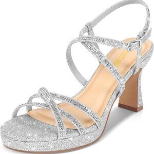 Women's Faux Leather Platform High Heels Chunky Strappy Rhinestone Ankle Sandals